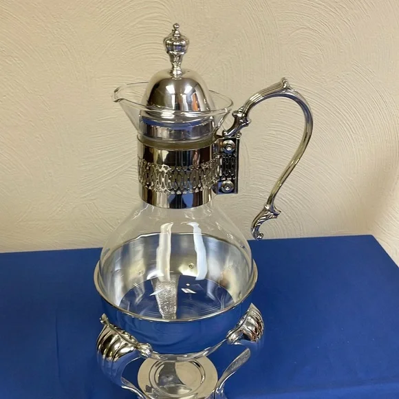 Vintage Kent Silversmith Glass Pitcher Carafe + Silver Pedestal Warmer Stand - Picture 3 of 13